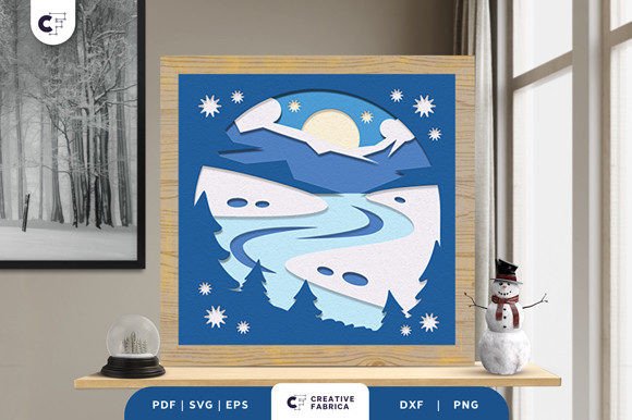 Frozen River Shadow Box Paper Cut: 3D SVG for Winter